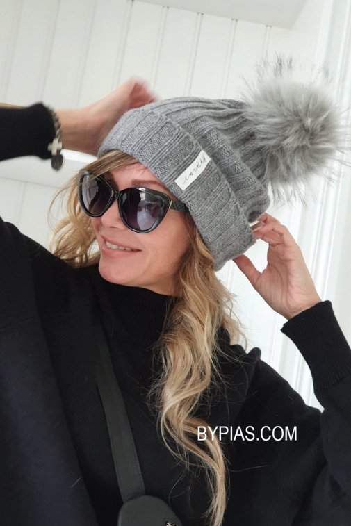 Pom-pom beanie, dark grey/grey