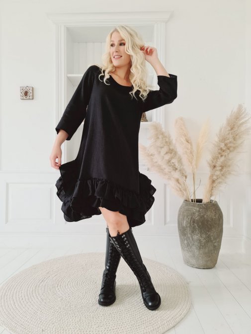 Ruffle and pearl linen dress, black