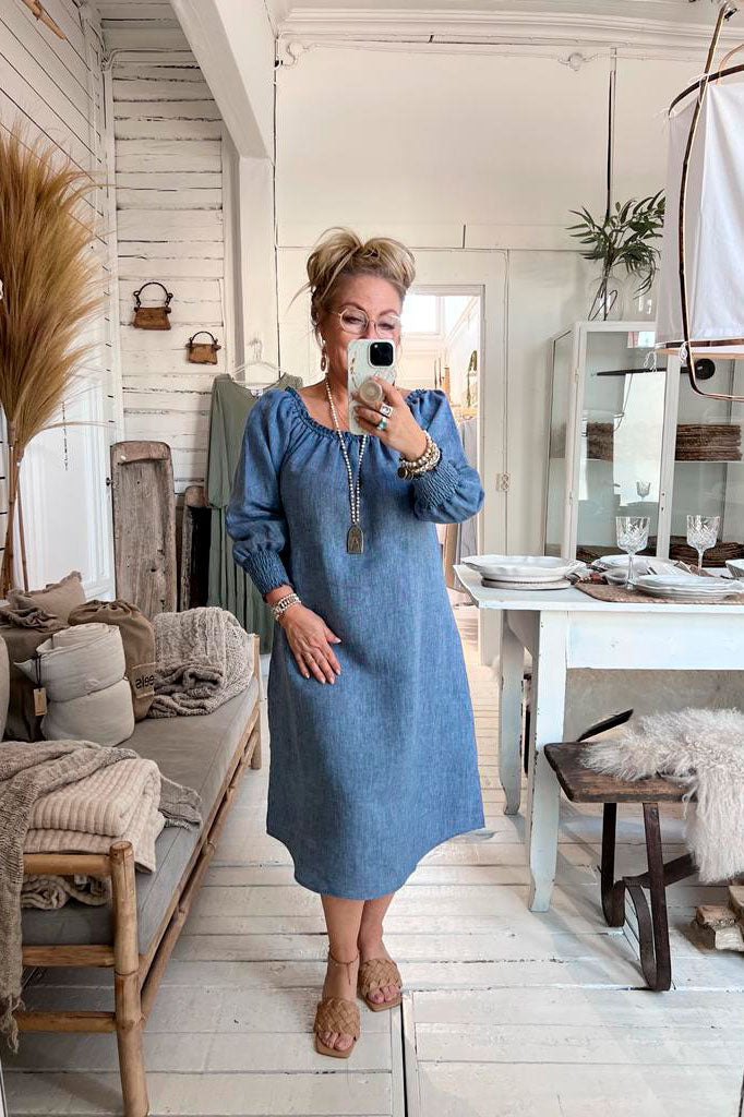 Amalfi linen dress, denim blue