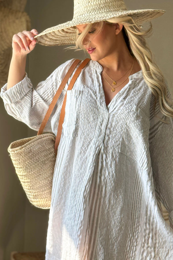 Belmont pellavakaftaani, beige capri stripe