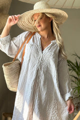 Belmont pellavakaftaani, beige capri stripe