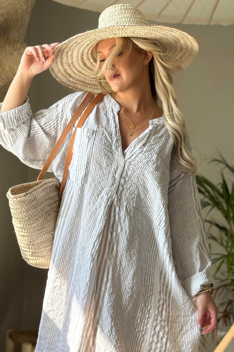 Belmont pellavakaftaani, beige capri stripe