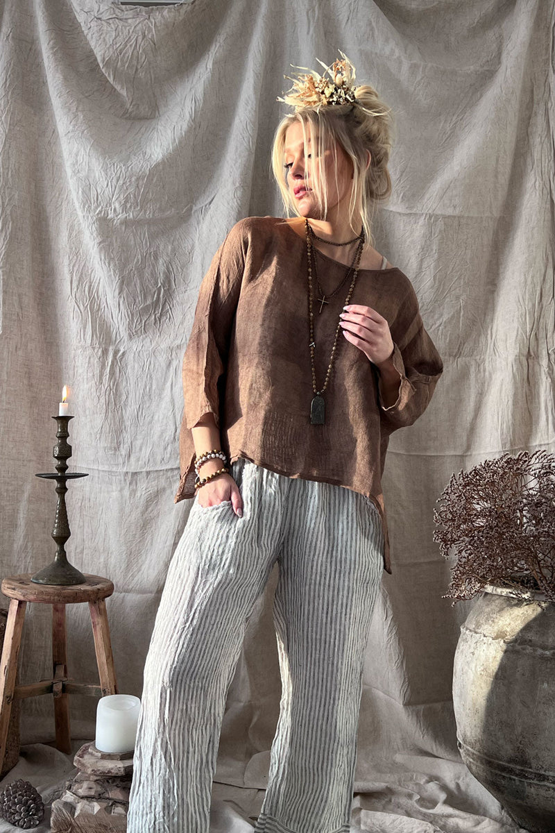 Boho linen shirt, chocolate brown