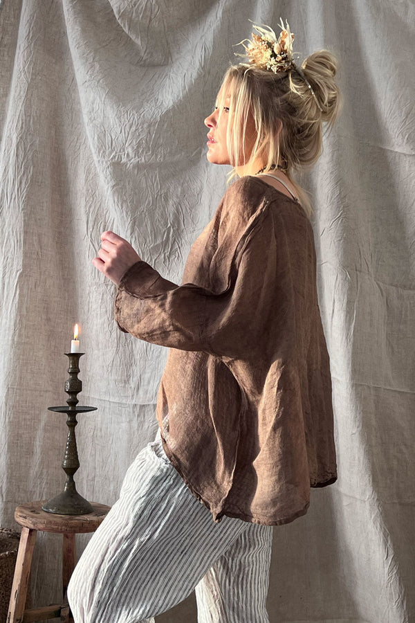 Boho linen shirt, chocolate brown