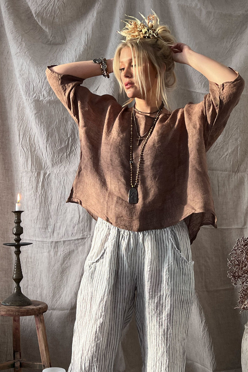 Boho linen shirt, chocolate brown