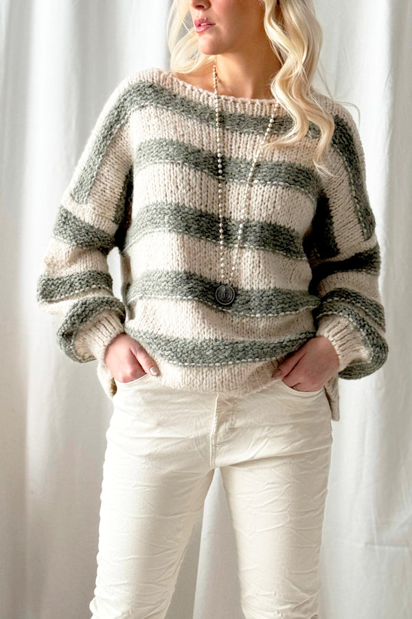 Boucle stripe jumper, off white/sage