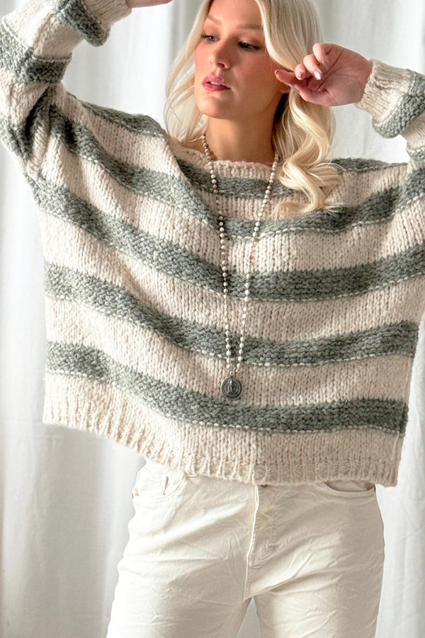 Boucle stripe jumper, off white/sage