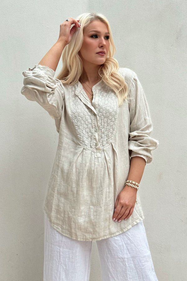 Candy linen shirt, sand embroidery