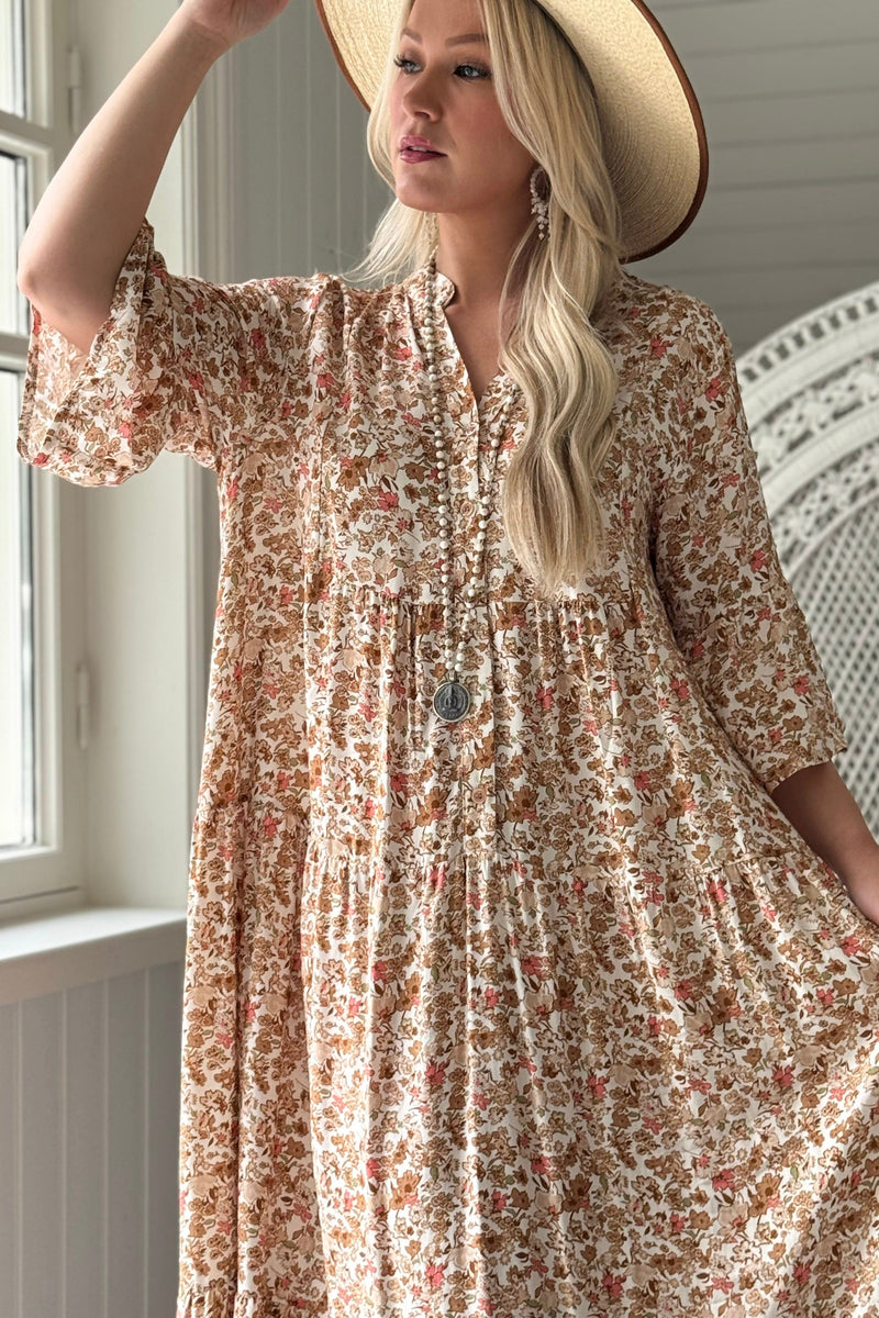 Elena viskoosimekko, beige floral
