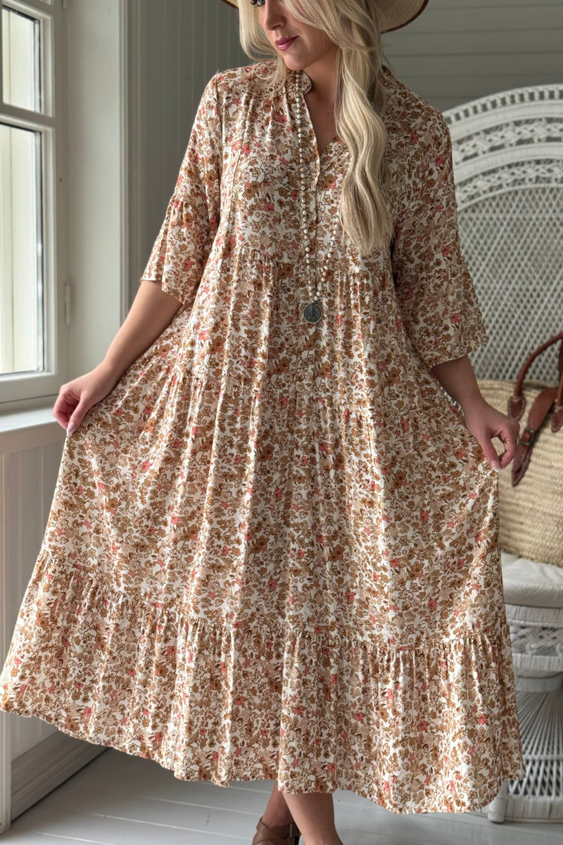 Elena viskoosimekko, beige floral