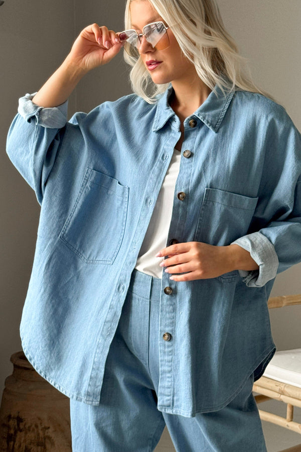 Henrike casual cotton overshirt, light wash denim