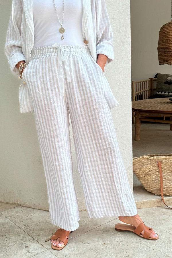 Holiday linen pants, narrow beige stripe