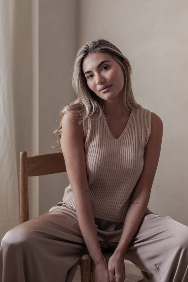 Lovie ribbed knit top, beige