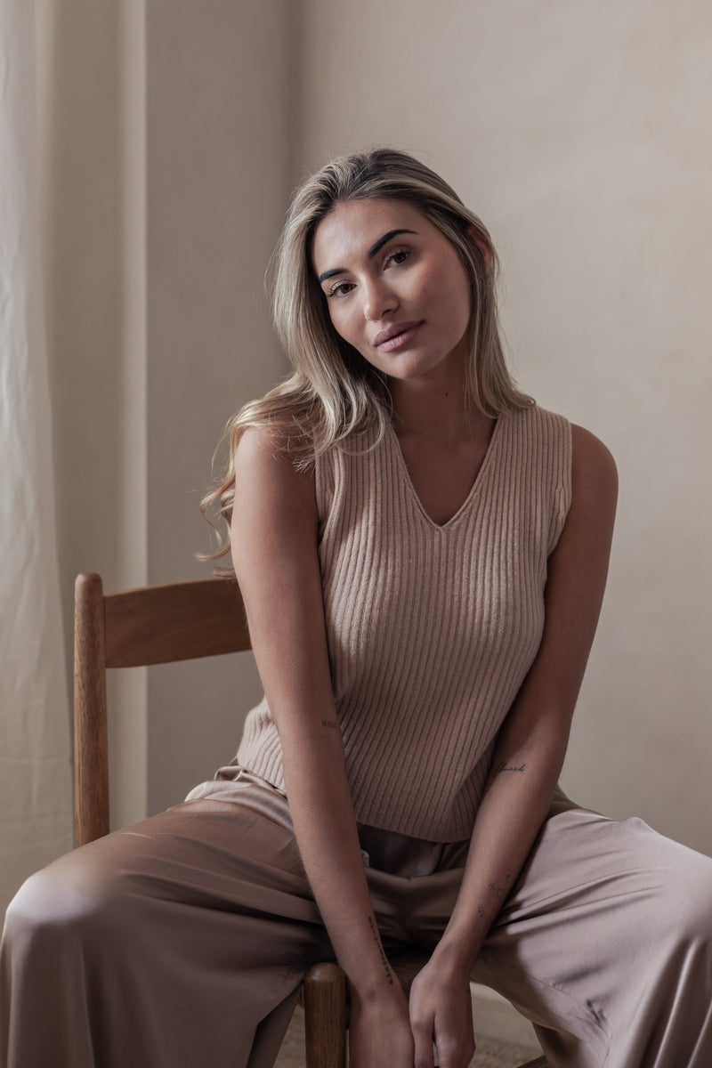 Lovie ribbed knit top, beige