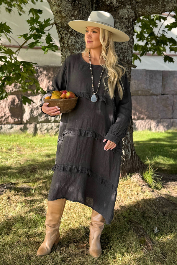 Olivine linen dress, smoke