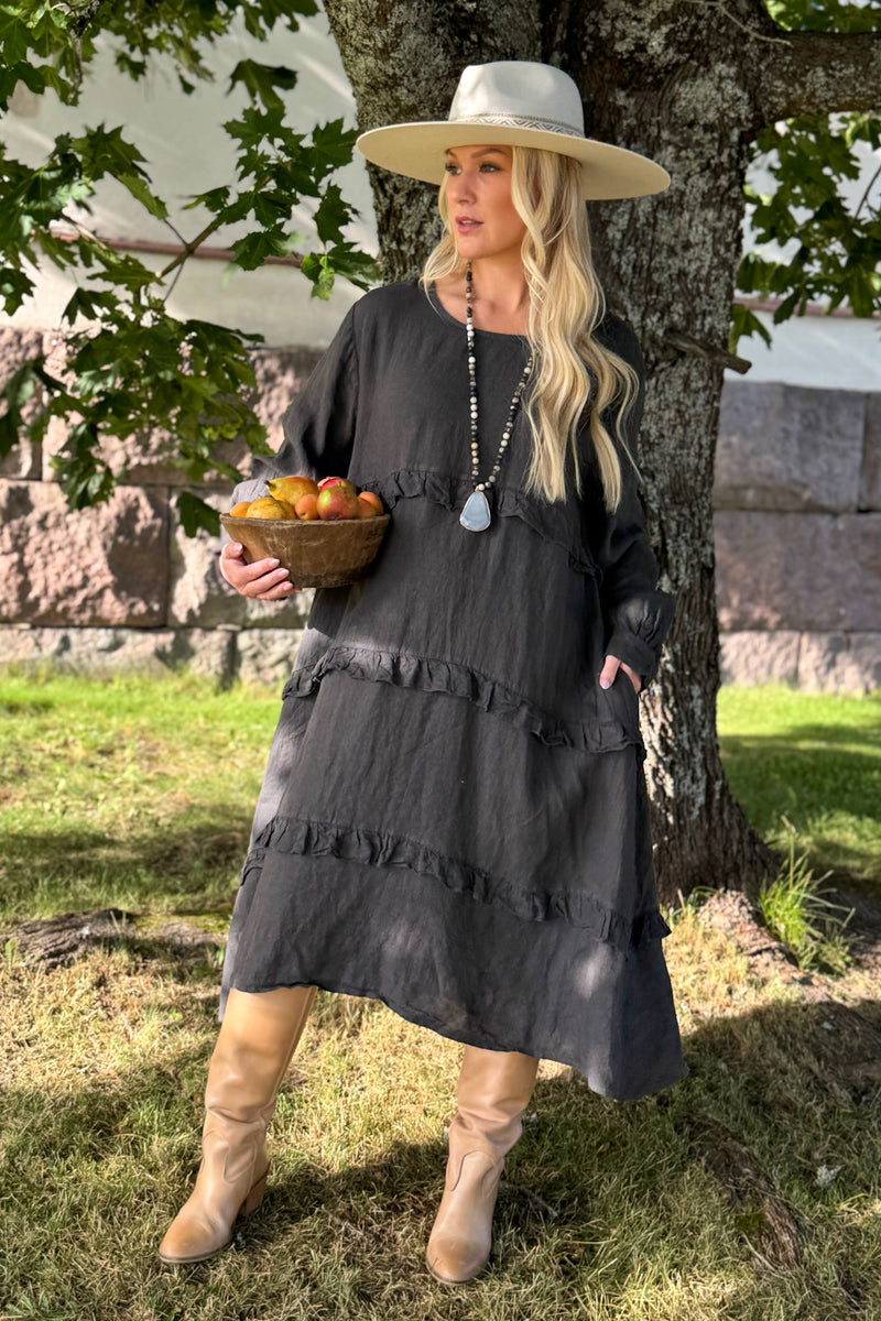Olivine linen dress, smoke