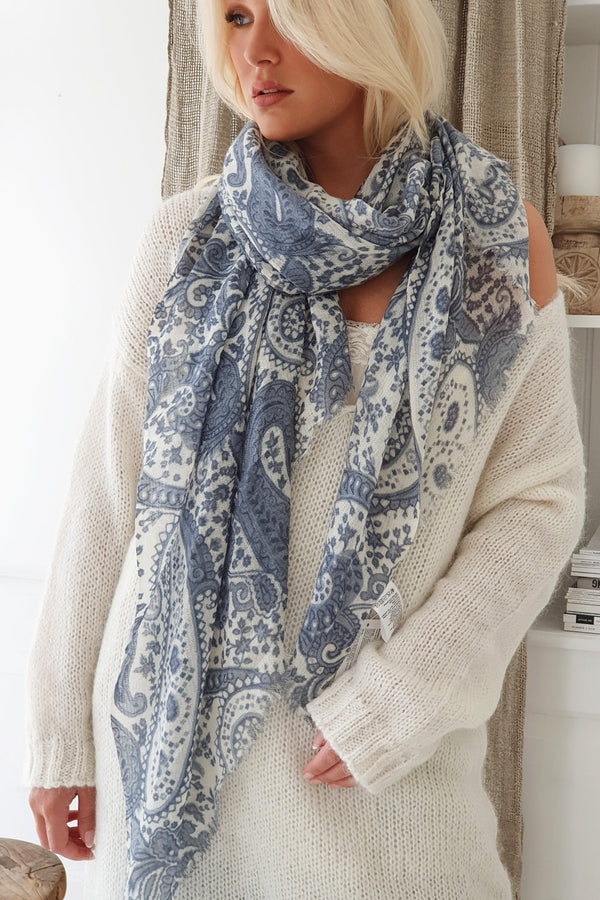 Ornament wool scarf, blue
