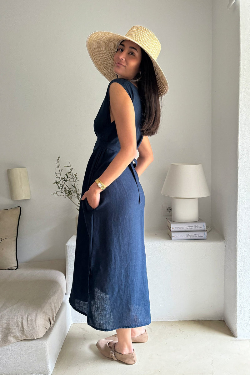 Puglia linen dress, navy