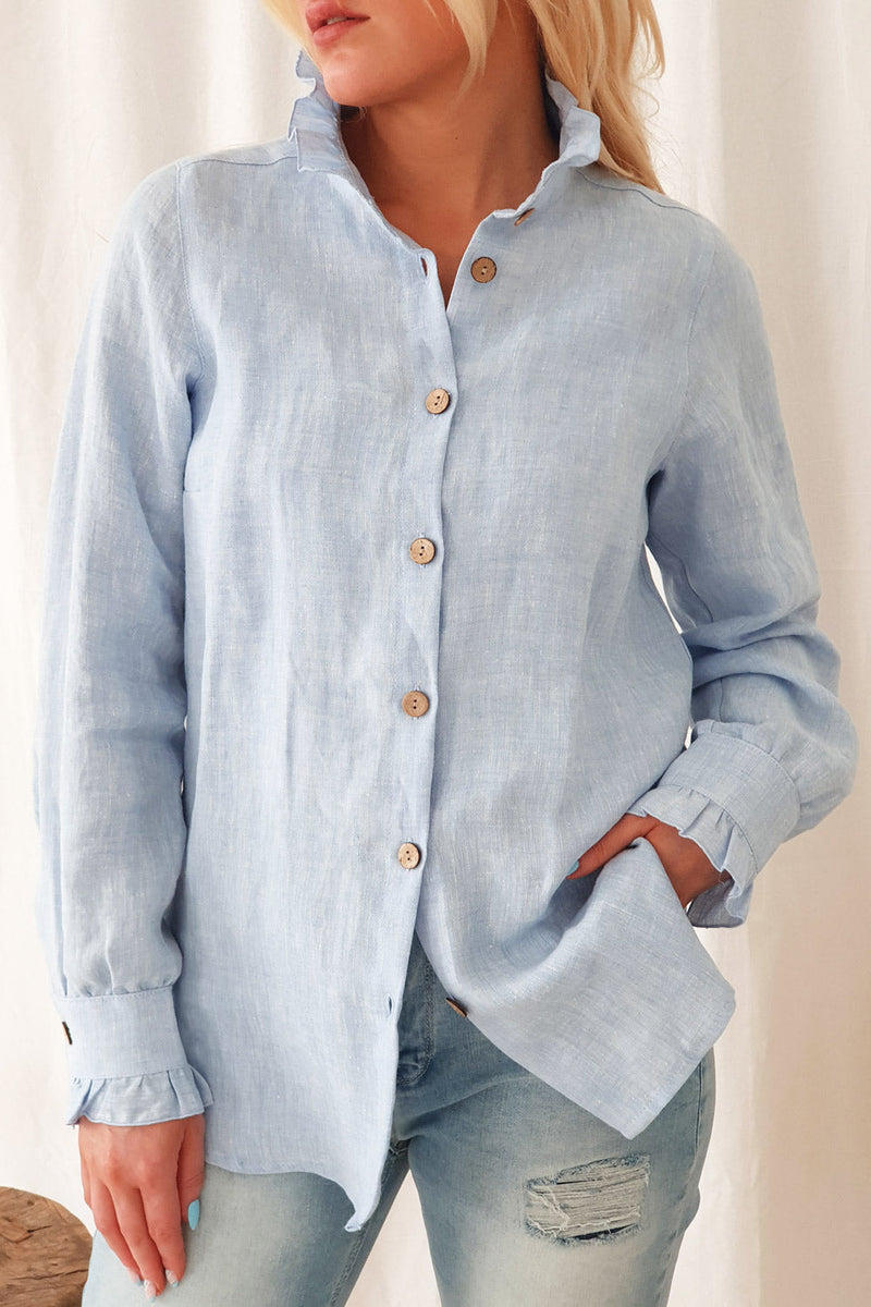 Ruffle linen shirt, oxford blue