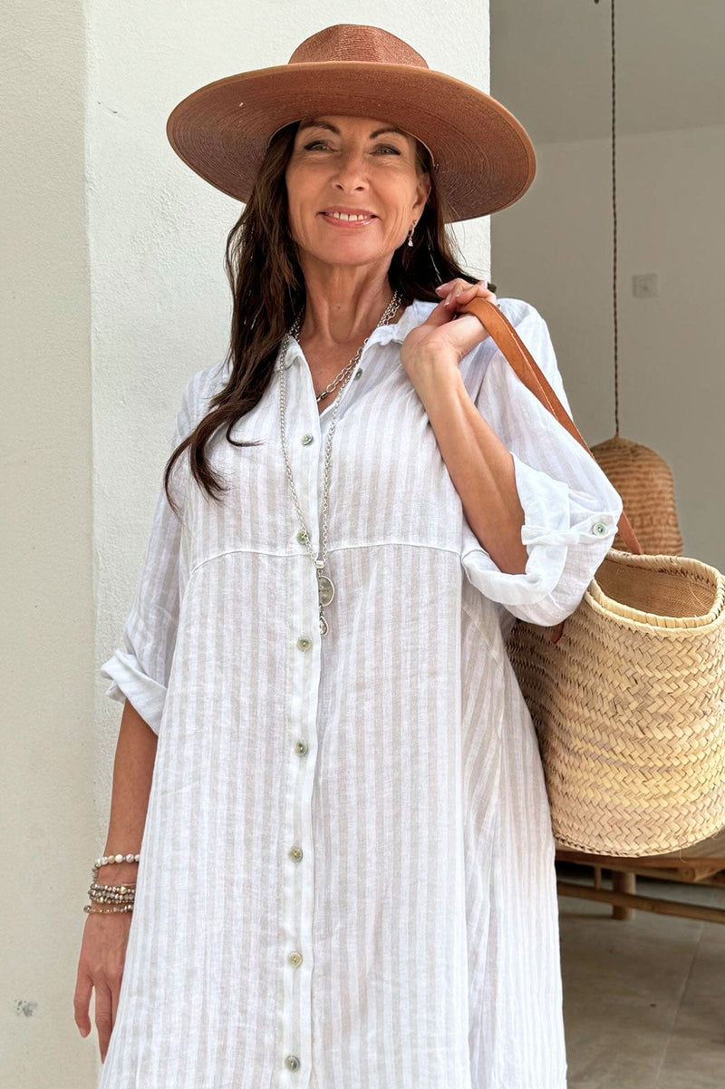 Vacation linen dress, beige stripe