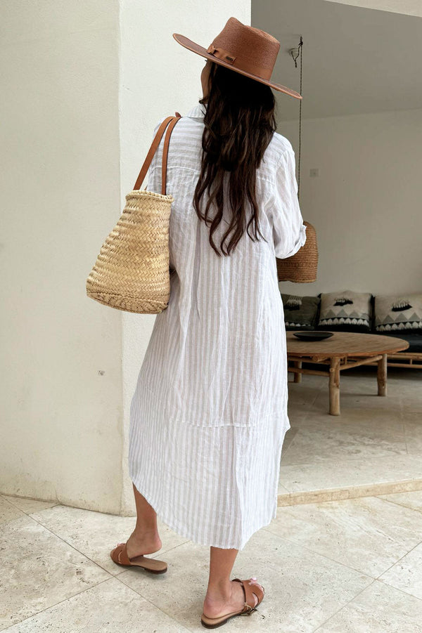 Vacation linen dress, beige stripe