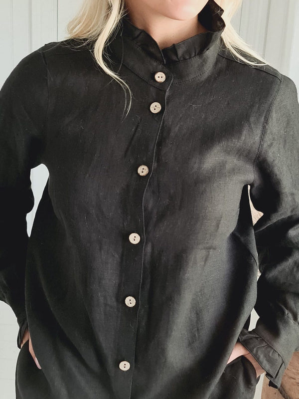 Ruffle linen shirt, black