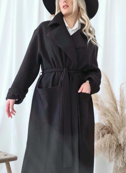 Flowy slit wool coat, black